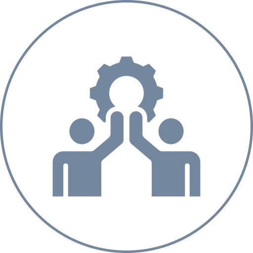 Two figures high-fiving under a gear.