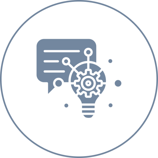 Chat bubble and lightbulb with gear icon.