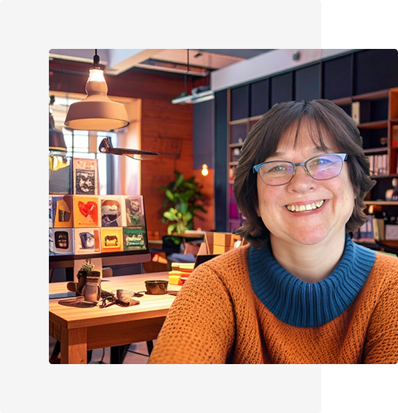Smiling woman with glasses in a cozy, well-lit bookstore.