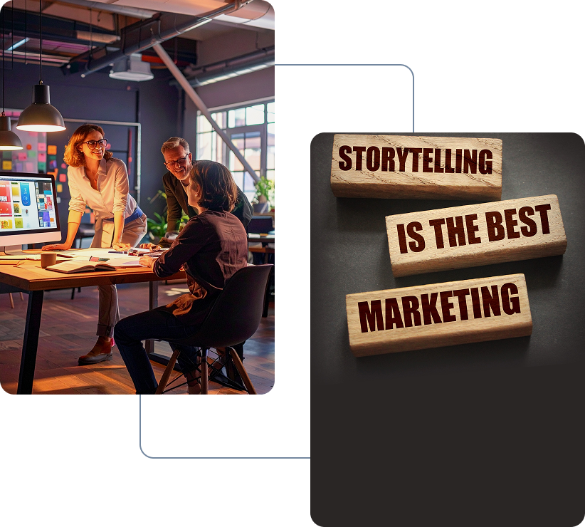 Two colleagues brainstorming in an office with a storytelling marketing sign.
