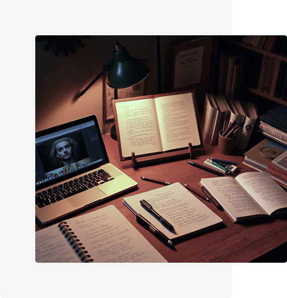A cozy study desk with books, a laptop, and notes under warm lighting.