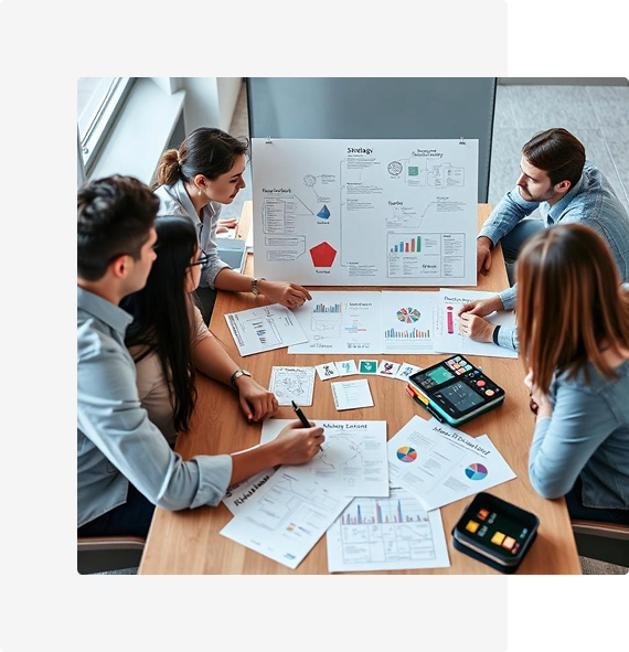 Team collaborating on project plans around a table with documents and calculators.