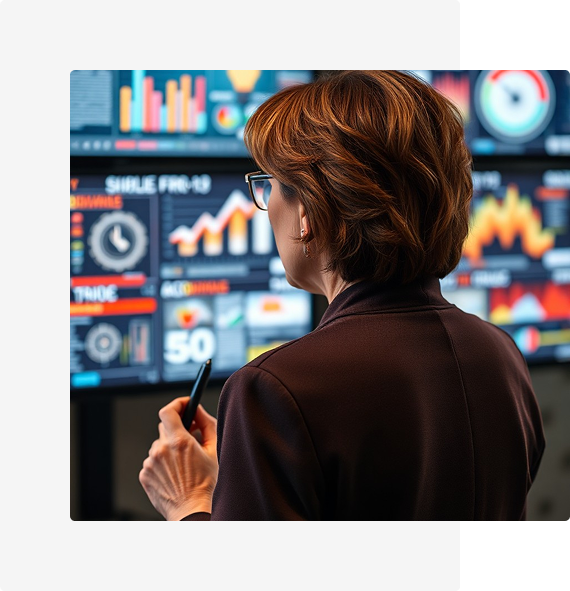 Businesswoman analyzing data on digital screens in an office.
